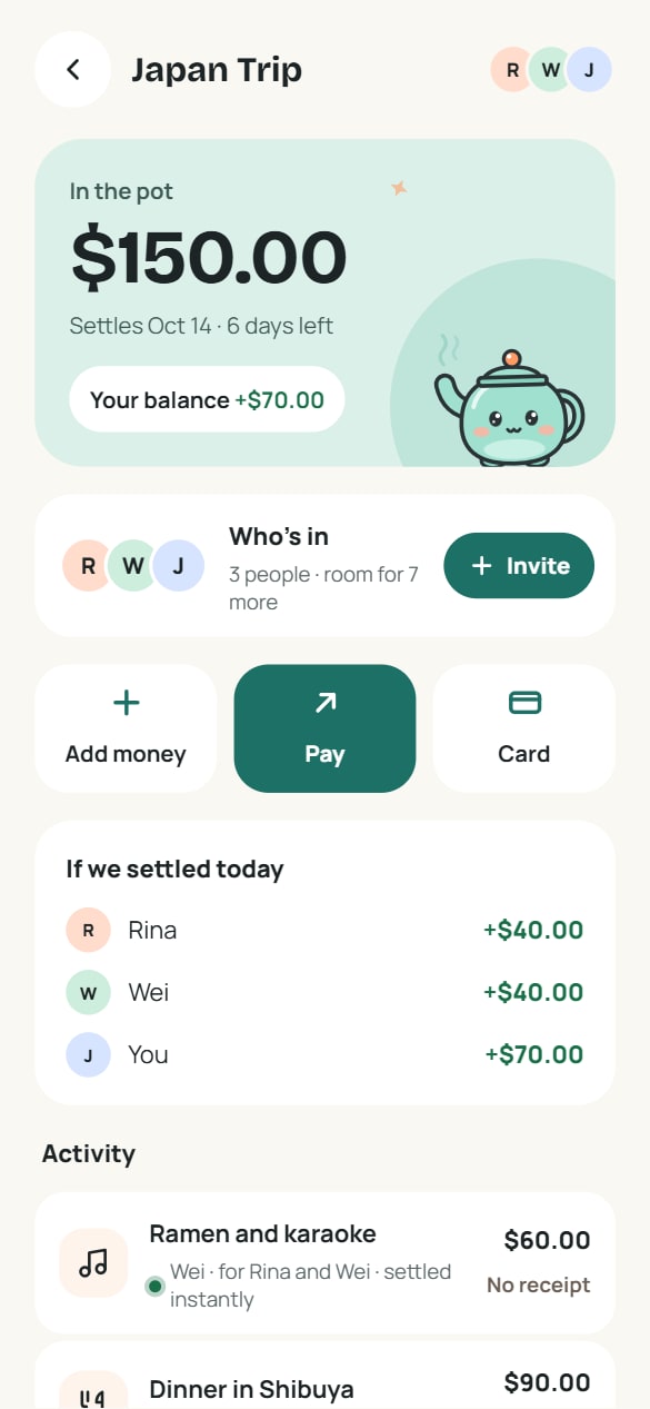 The Tekosue app: a trip pot with $150.00, balances for each friend, and recent payments